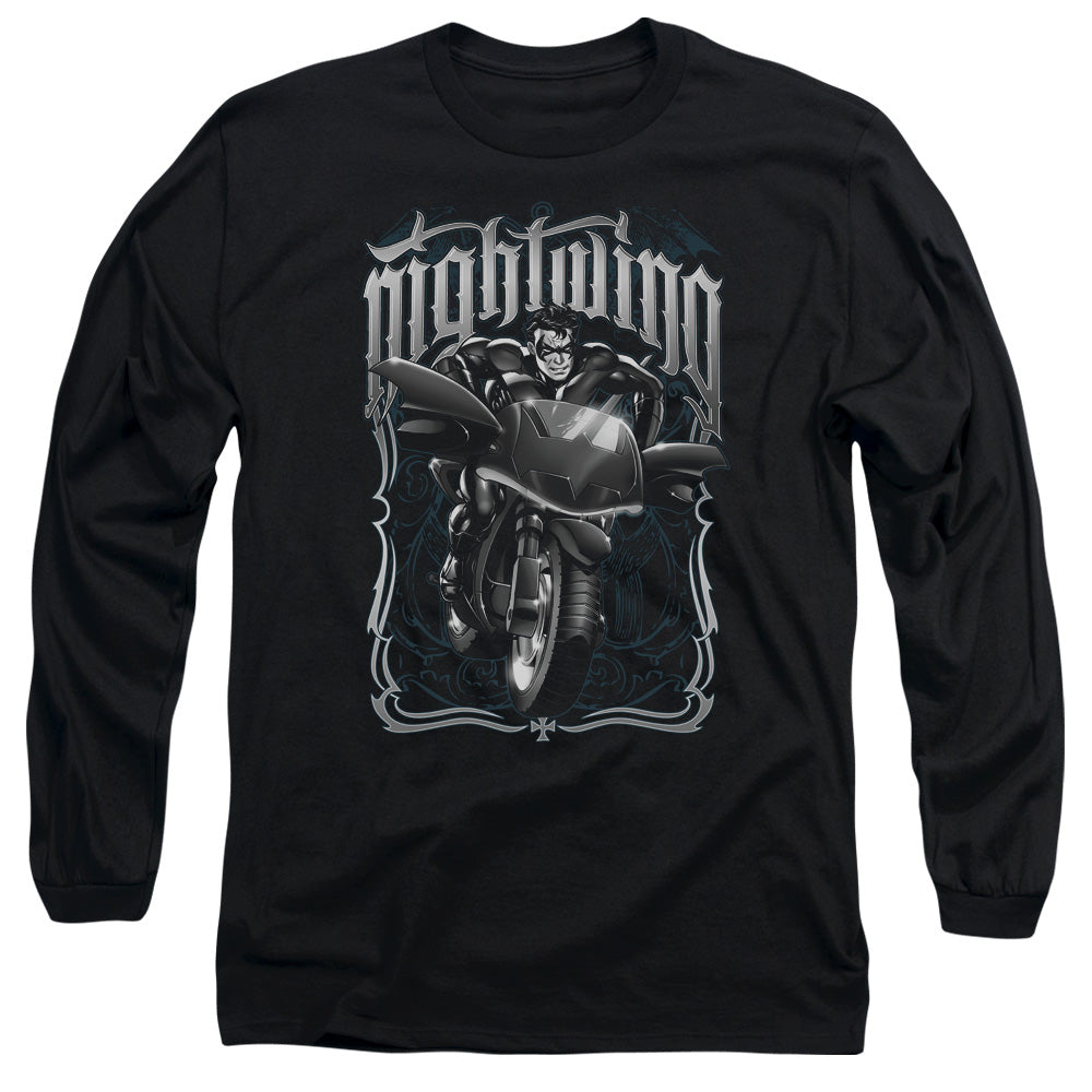 AN OFFCIALLY LICENSED BATMAN NIGHTWING BIKER MEN'S LONG SLEEVE T-SHIRT BLACK