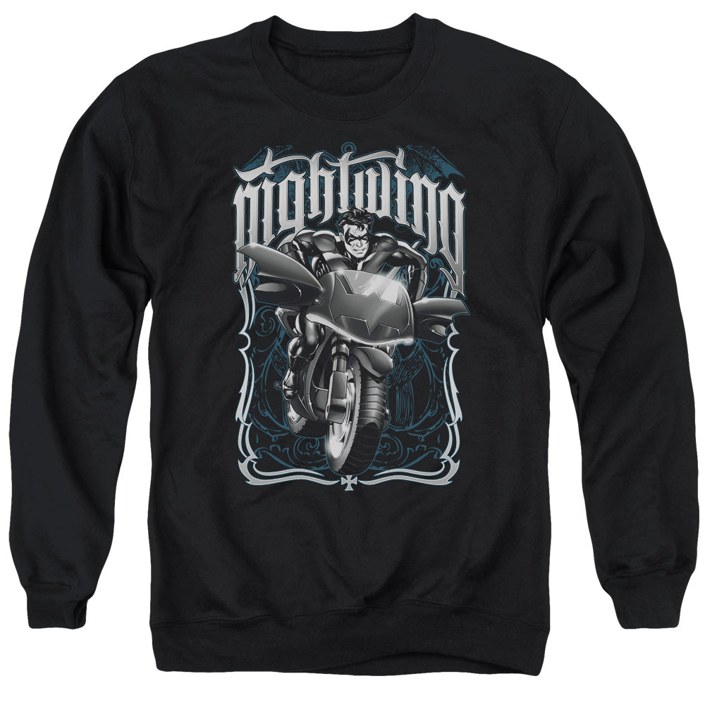 AN OFFCIALLY LICENSED BATMAN NIGHTWING BIKER ADULT UNISEX CREWNECK SWEATSHIRT BLACK