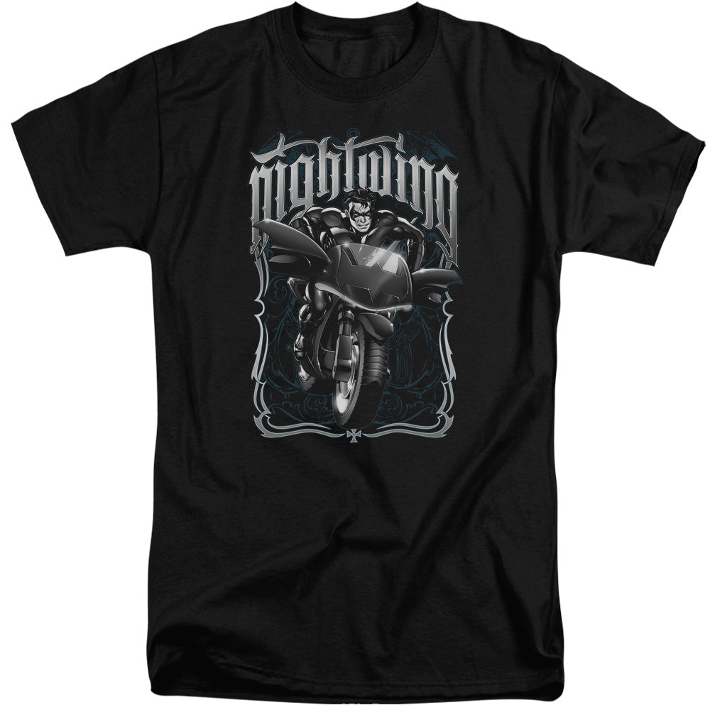 AN OFFCIALLY LICENSED BATMAN NIGHTWING BIKER MEN'S TALL FIT T-SHIRT BLACK