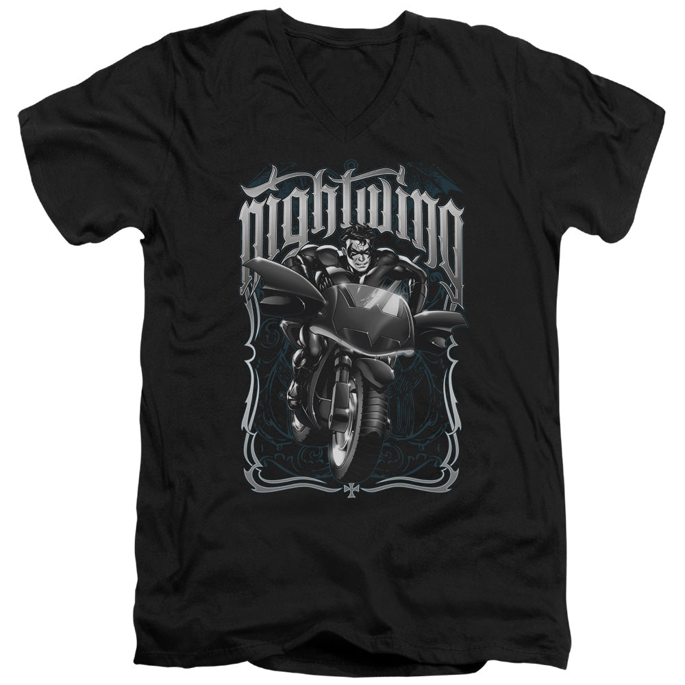 AN OFFCIALLY LICENSED BATMAN NIGHTWING BIKER MEN'S V-NECK T-SHIRT BLACK
