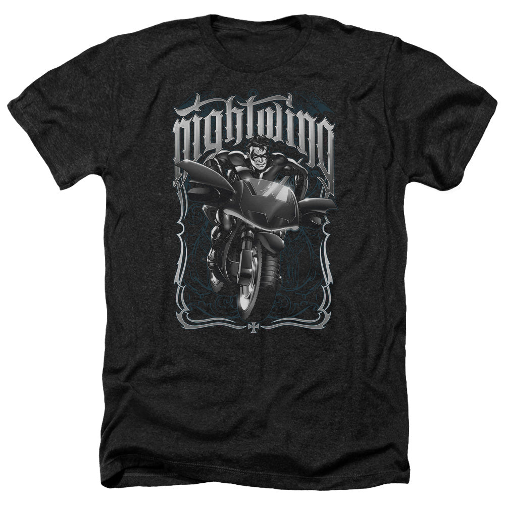 AN OFFCIALLY LICENSED BATMAN NIGHTWING BIKER MEN'S HEATHER T-SHIRT CHARCOAL