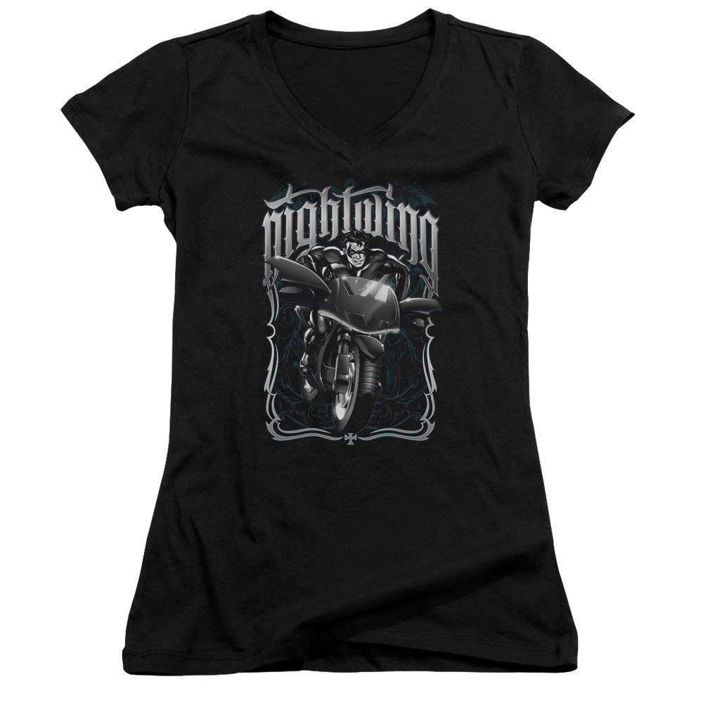 Batman Nightwing Biker Licensed Women's T-Shirt Juniors V-Neck SM