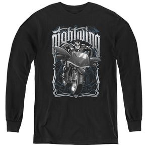 AN OFFCIALLY LICENSED BATMAN NIGHTWING BIKER YOUTH LONG SLEEVE T-SHIRT BLACK