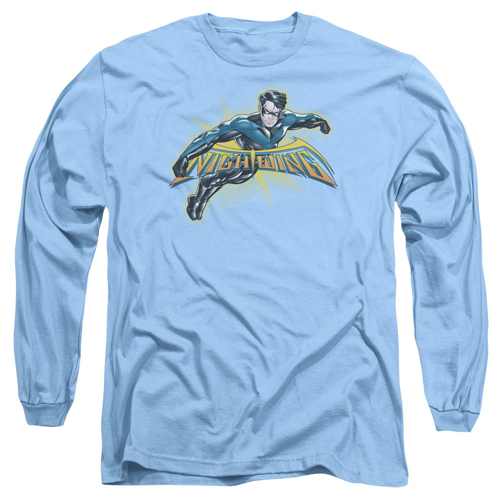 AN OFFCIALLY LICENSED BATMAN NIGHTWING BURST MEN'S LONG SLEEVE T-SHIRT CAROLINA BLUE
