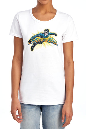 AN OFFCIALLY LICENSED BATMAN NIGHTWING BURST WOMEN'S REGULAR FIT T-SHIRT CAROLINA BLUE