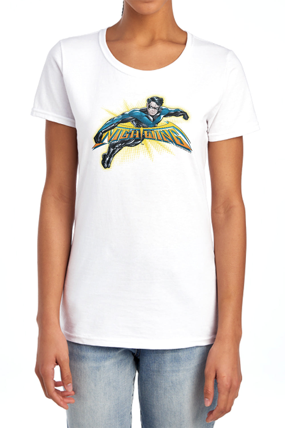 AN OFFCIALLY LICENSED BATMAN NIGHTWING BURST WOMEN'S REGULAR FIT T-SHIRT CAROLINA BLUE