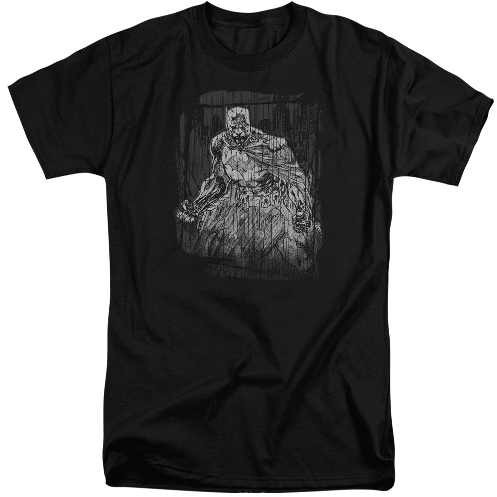 AN OFFCIALLY LICENSED BATMAN PENCILLED RAIN MEN'S TALL FIT T-SHIRT BLACK