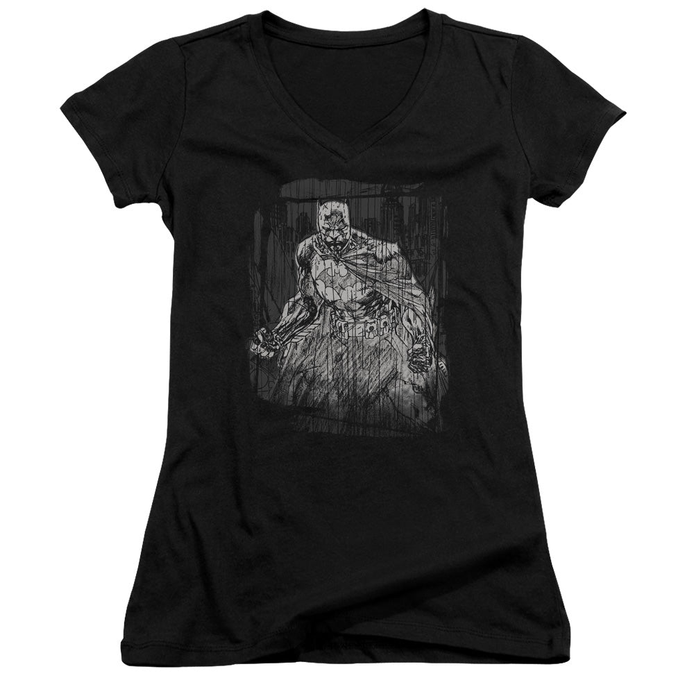 Batman Pencilled Rain Licensed Women's T-Shirt Juniors V-Neck SM