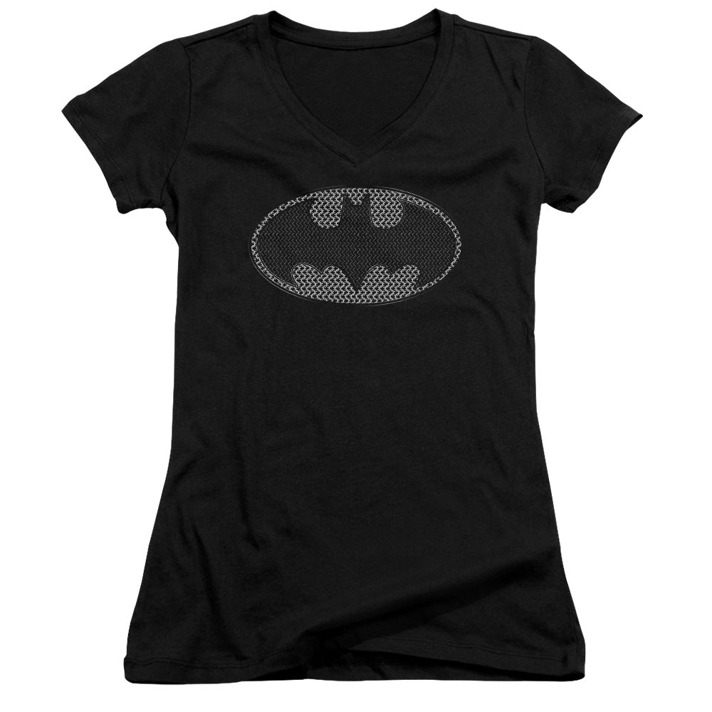 Batman Chainmail Shield Licensed Women's T-Shirt Juniors V-Neck SM