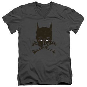 AN OFFCIALLY LICENSED BATMAN BAT AND BONES MEN'S V-NECK T-SHIRT CHARCOAL