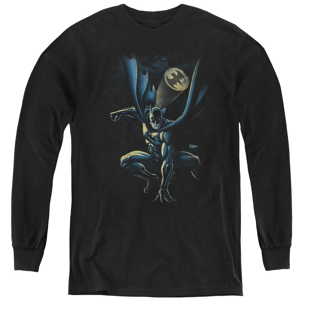 AN OFFCIALLY LICENSED BATMAN CALLING ALL BATS YOUTH LONG SLEEVE T-SHIRT BLACK