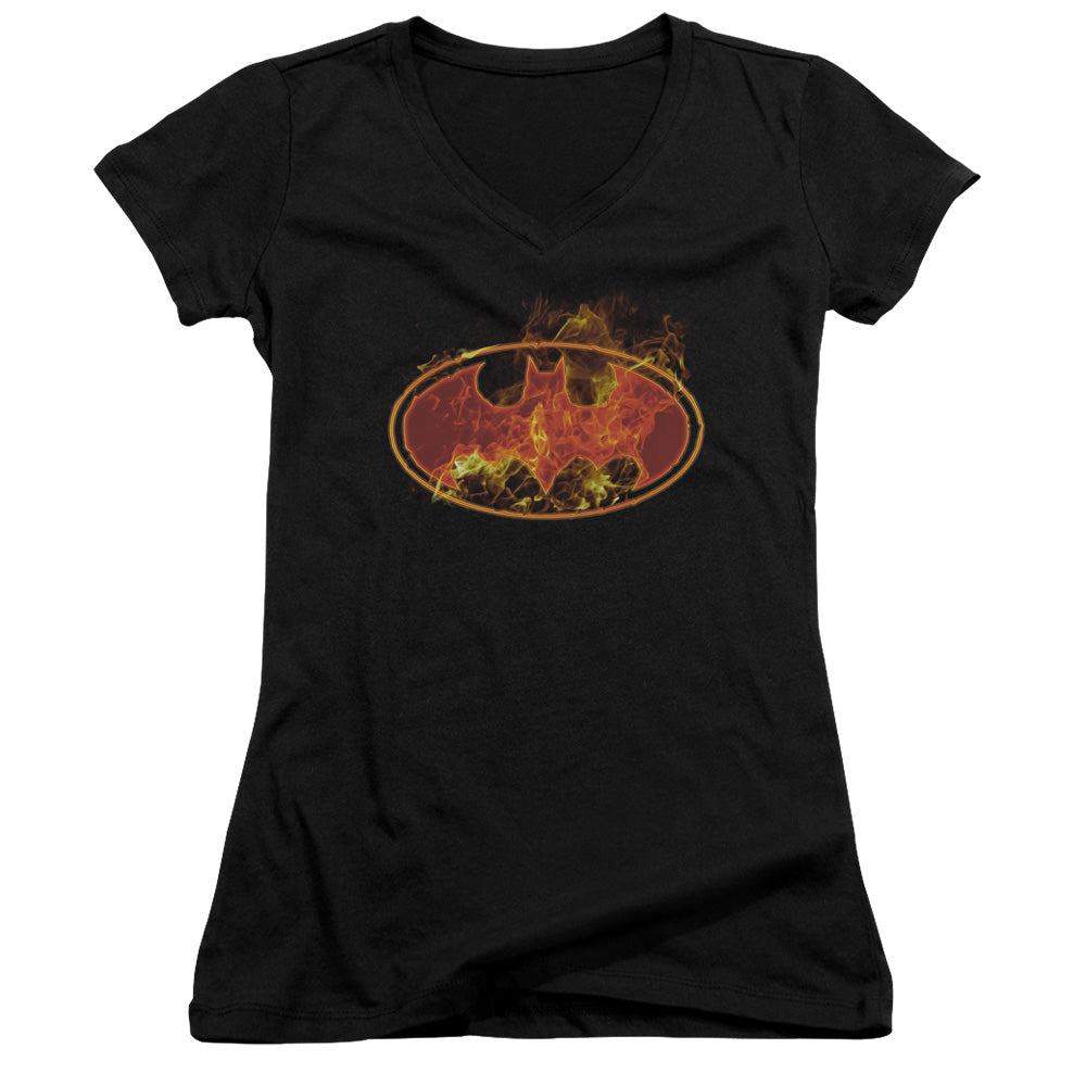 Batman Flames Logo Licensed Women's T-Shirt Juniors V-Neck SM