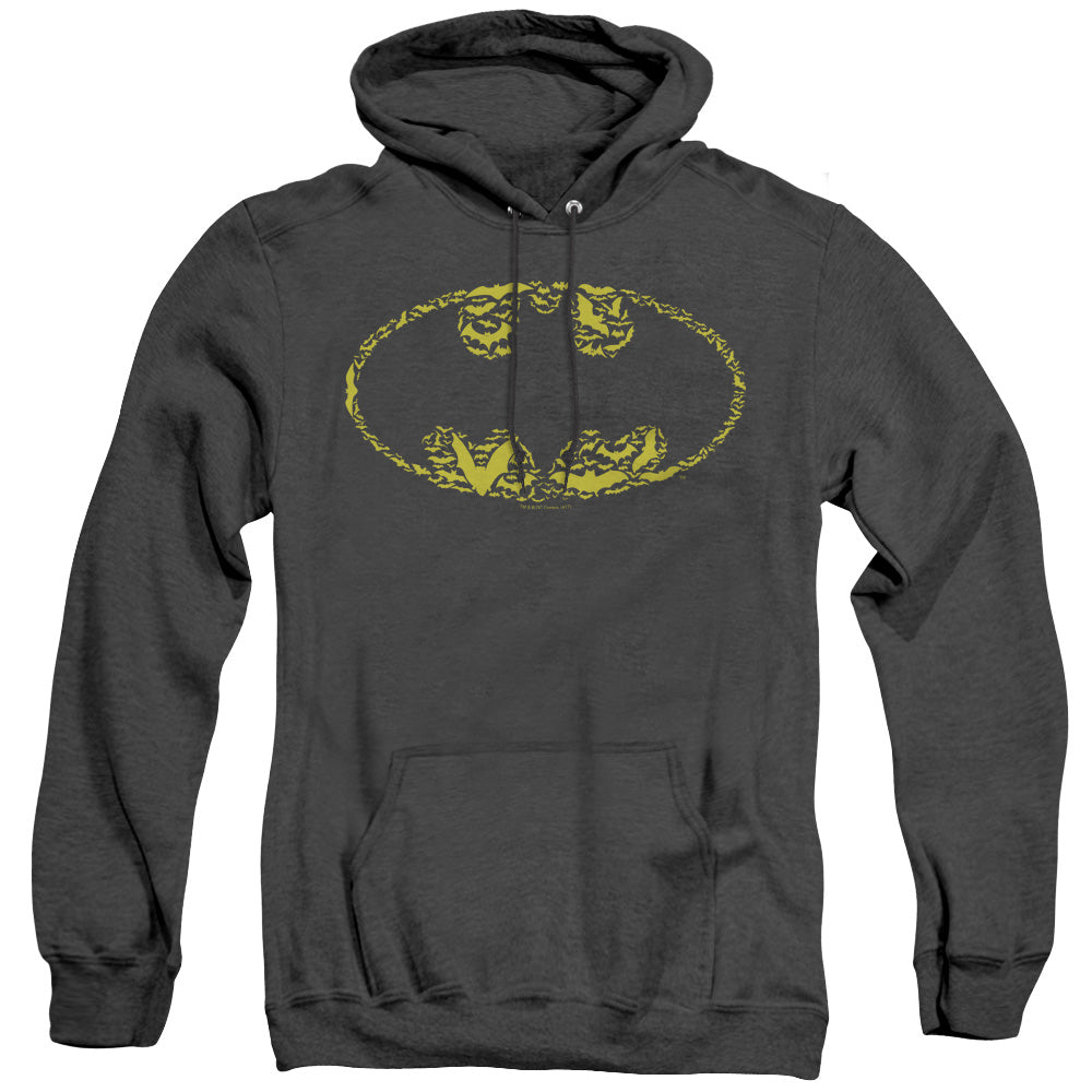 AN OFFCIALLY LICENSED BATMAN BATS ON BATS ADULT UNISEX HEATHER PULLOVER HOODIE BLACK