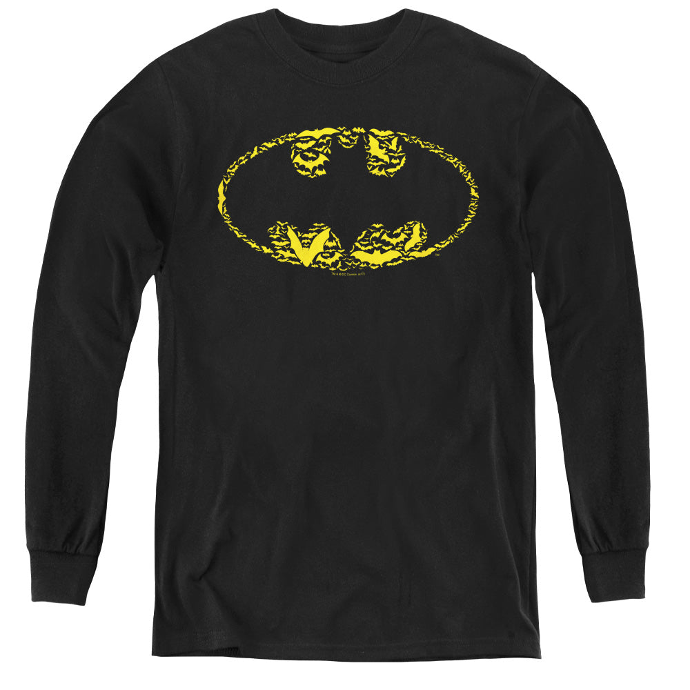 AN OFFCIALLY LICENSED BATMAN BATS ON BATS YOUTH LONG SLEEVE T-SHIRT BLACK