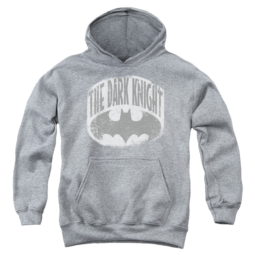 AN OFFCIALLY LICENSED BATMAN DARK KNIGHT SHIELD YOUTH HOODIE ATHLETIC HEATHER