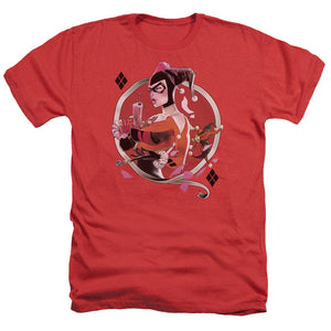 AN OFFCIALLY LICENSED BATMAN HARLEY Q MEN'S HEATHER T-SHIRT RED