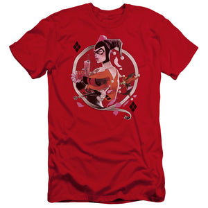 AN OFFCIALLY LICENSED BATMAN HARLEY Q MEN'S PREMIUM SLIM FIT T-SHIRT RED