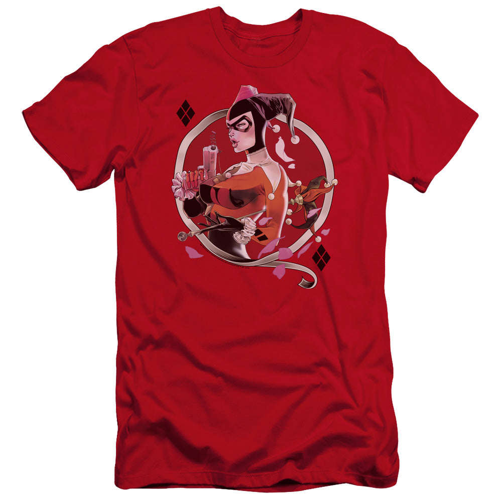 AN OFFCIALLY LICENSED BATMAN HARLEY Q MEN'S PREMIUM SLIM FIT T-SHIRT RED