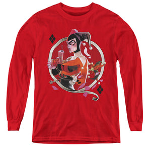 AN OFFCIALLY LICENSED BATMAN HARLEY Q YOUTH LONG SLEEVE T-SHIRT RED
