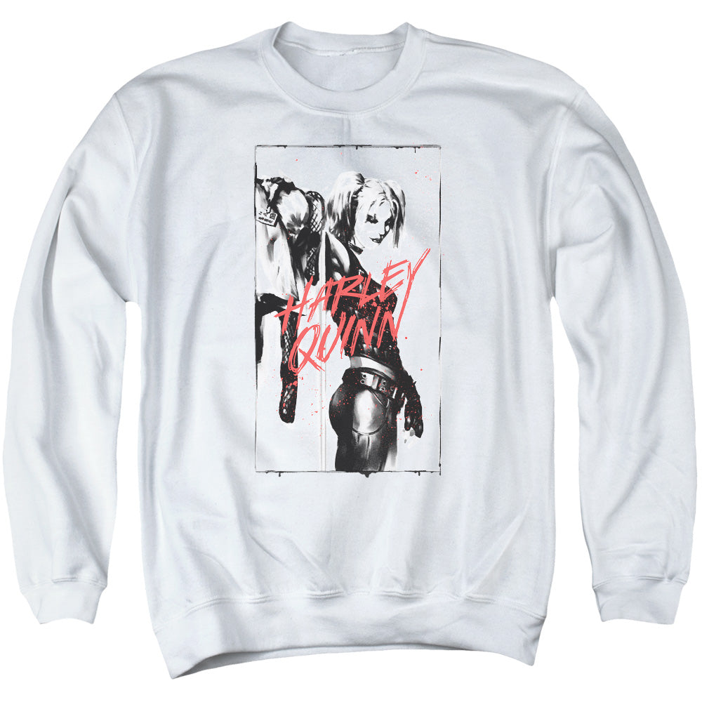 AN OFFCIALLY LICENSED BATMAN INKED QUINN ADULT UNISEX CREWNECK SWEATSHIRT WHITE