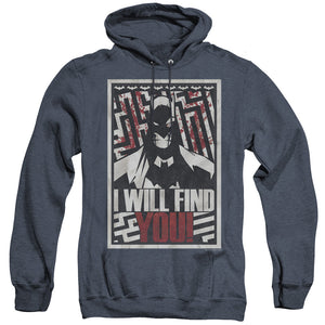 AN OFFCIALLY LICENSED BATMAN I WILL FND YOU ADULT UNISEX HEATHER PULLOVER HOODIE NAVY