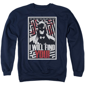 AN OFFCIALLY LICENSED BATMAN I WILL FND YOU ADULT UNISEX CREWNECK SWEATSHIRT NAVY