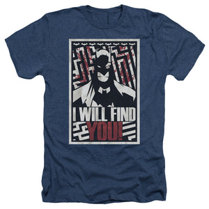 AN OFFCIALLY LICENSED BATMAN I WILL FND YOU MEN'S HEATHER T-SHIRT NAVY