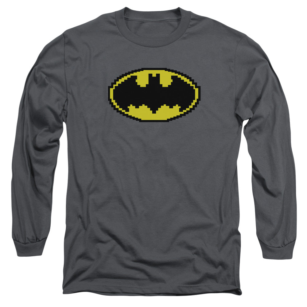 AN OFFCIALLY LICENSED BATMAN PIXEL SYMBOL MEN'S LONG SLEEVE T-SHIRT CHARCOAL