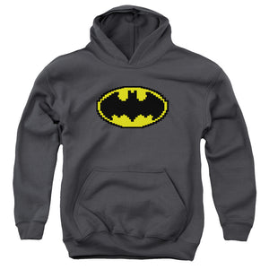 AN OFFCIALLY LICENSED BATMAN PIXEL SYMBOL YOUTH HOODIE CHARCOAL