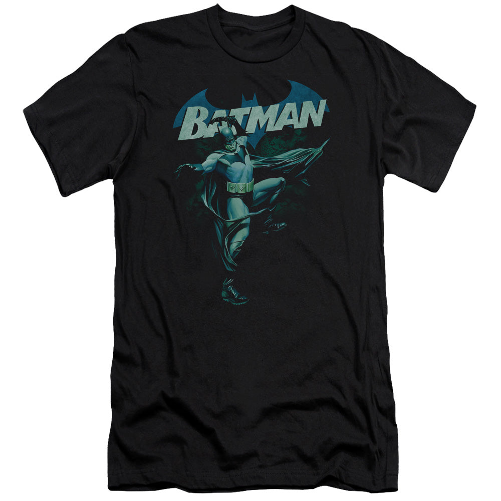 AN OFFCIALLY LICENSED BATMAN BLUE BAT MEN'S PREMIUM SLIM FIT T-SHIRT BLACK