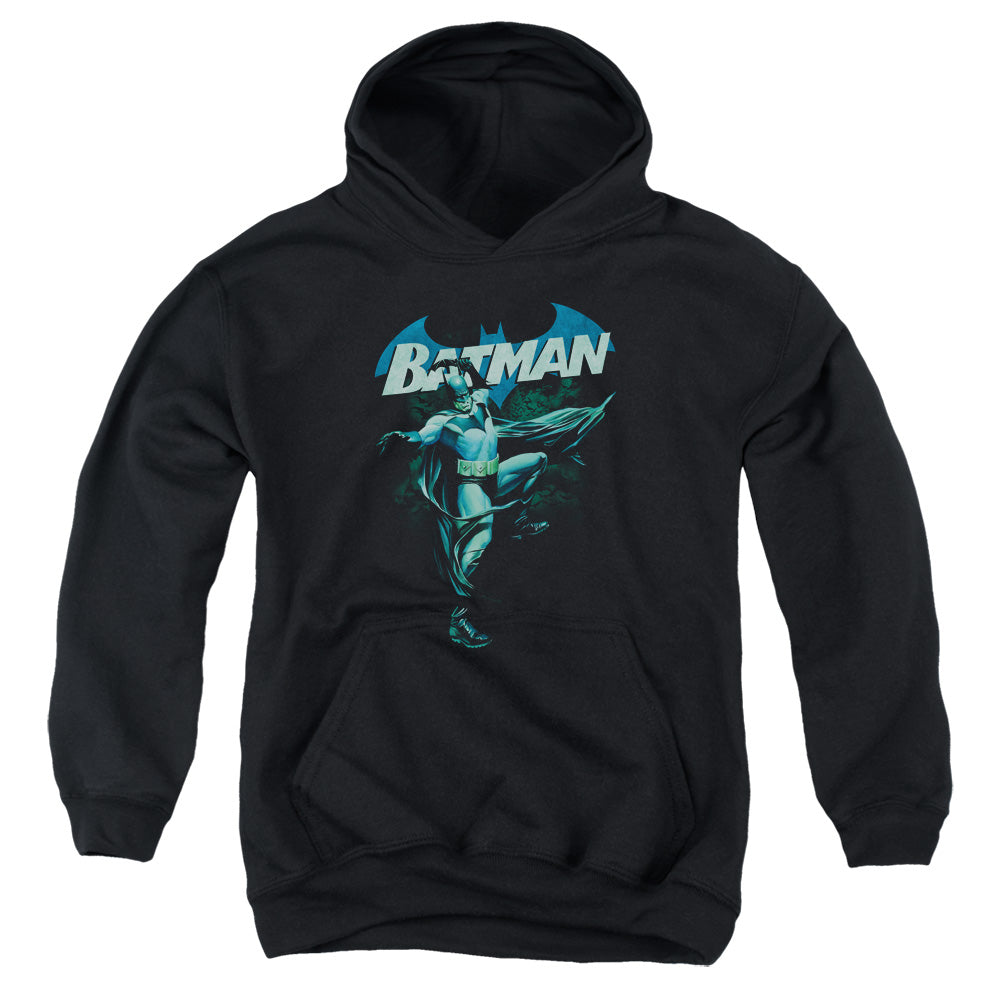 AN OFFCIALLY LICENSED BATMAN BLUE BAT YOUTH HOODIE BLACK