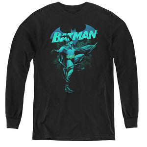 AN OFFCIALLY LICENSED BATMAN BLUE BAT YOUTH LONG SLEEVE T-SHIRT BLACK