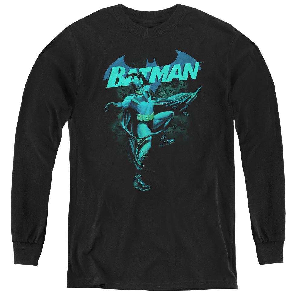 AN OFFCIALLY LICENSED BATMAN BLUE BAT YOUTH LONG SLEEVE T-SHIRT BLACK