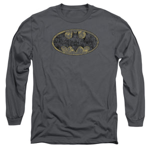 AN OFFCIALLY LICENSED BATMAN TATTERED LOGO MEN'S LONG SLEEVE T-SHIRT CHARCOAL
