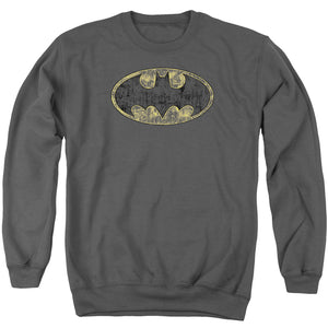 AN OFFCIALLY LICENSED BATMAN TATTERED LOGO ADULT UNISEX CREWNECK SWEATSHIRT CHARCOAL