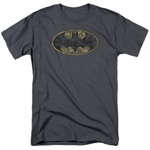 AN OFFCIALLY LICENSED BATMAN TATTERED LOGO MEN'S REGULAR FIT T-SHIRT CHARCOAL