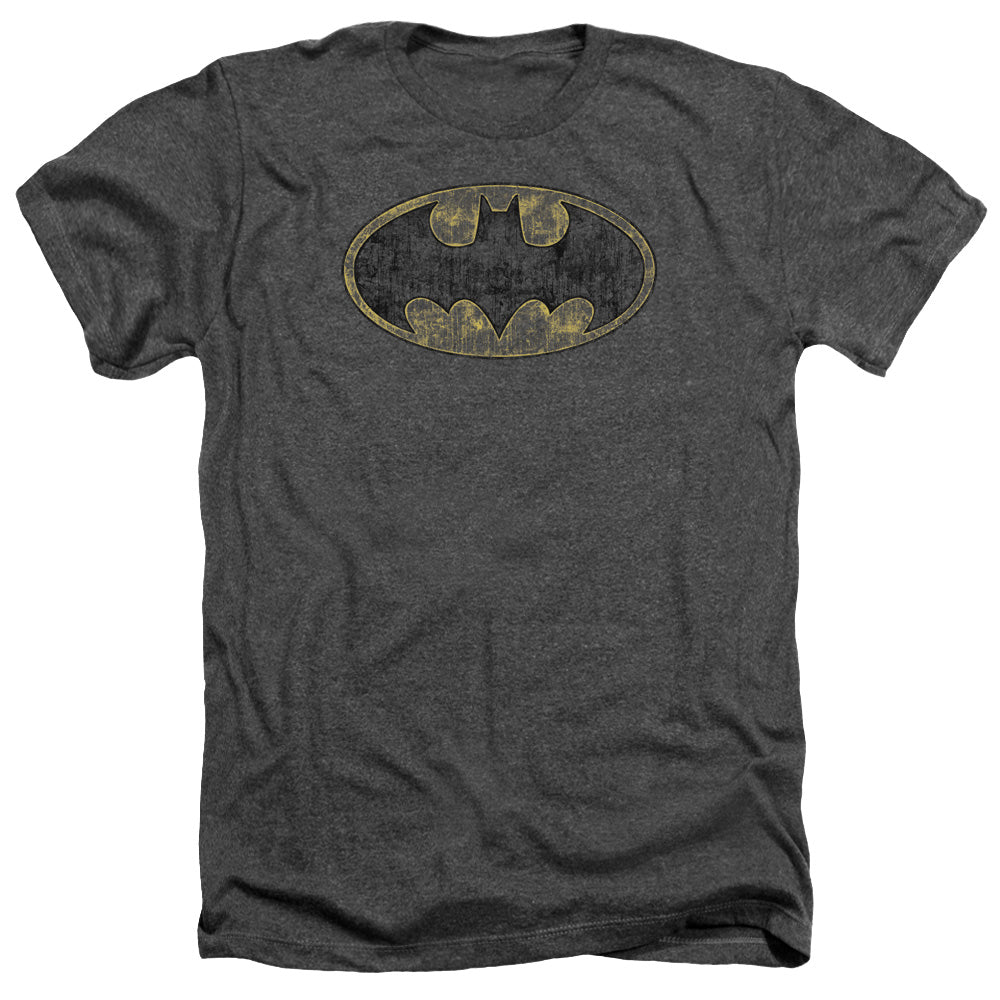 AN OFFCIALLY LICENSED BATMAN TATTERED LOGO MEN'S HEATHER T-SHIRT CHARCOAL