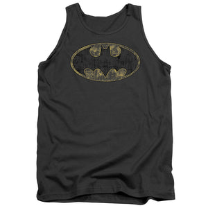 AN OFFCIALLY LICENSED BATMAN TATTERED LOGO ADULT UNISEX TANK TOP CHARCOAL