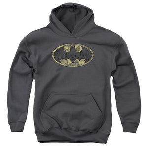 AN OFFCIALLY LICENSED BATMAN TATTERED LOGO YOUTH HOODIE CHARCOAL