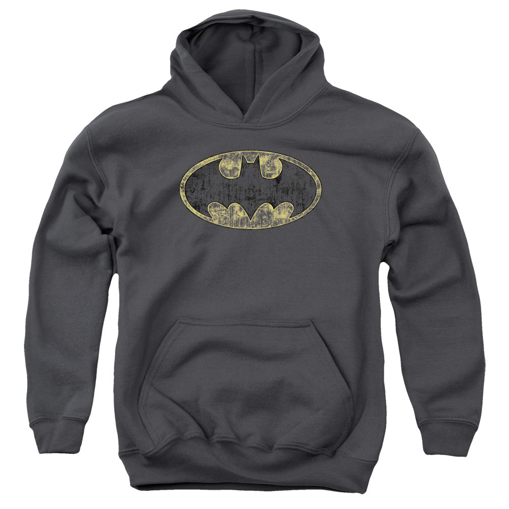 AN OFFCIALLY LICENSED BATMAN TATTERED LOGO YOUTH HOODIE CHARCOAL