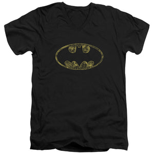 AN OFFCIALLY LICENSED BATMAN TATTERED LOGO MEN'S V-NECK T-SHIRT BLACK