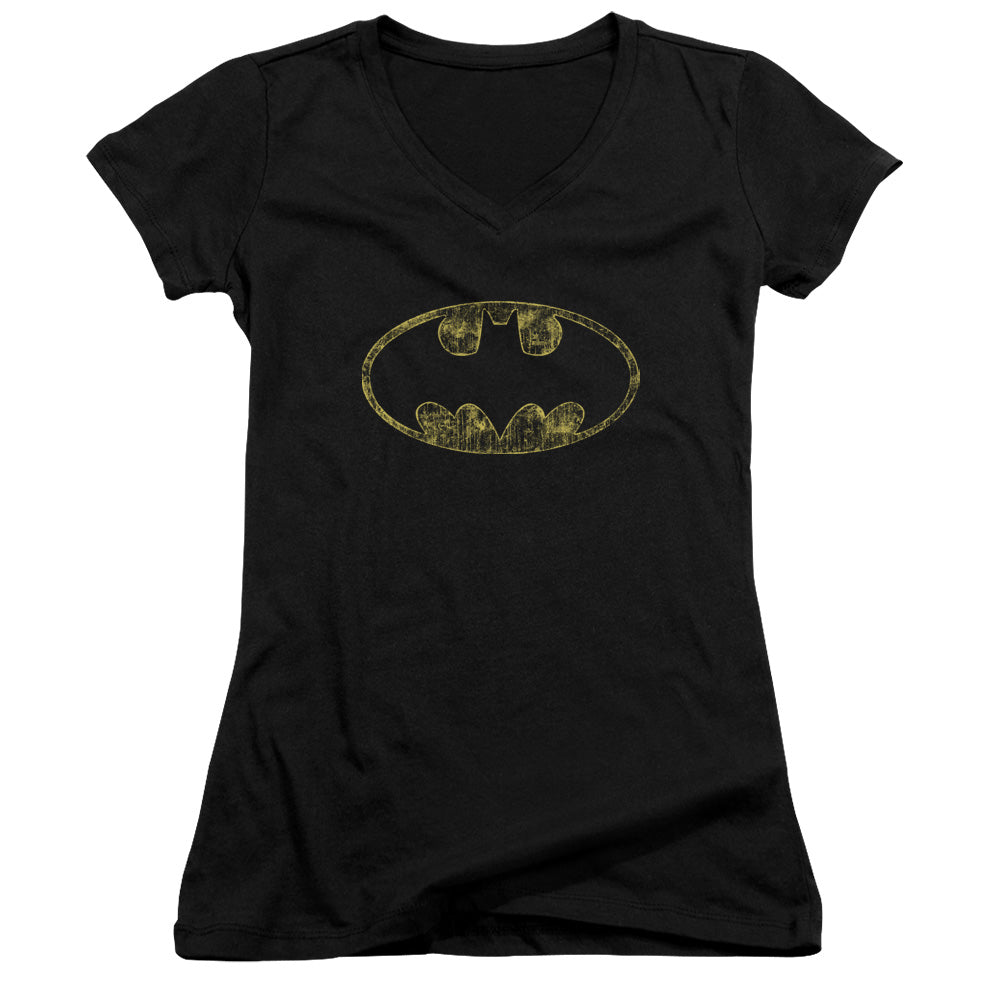 Batman Tattered Logo Licensed Women's T-Shirt Juniors V-Neck SM