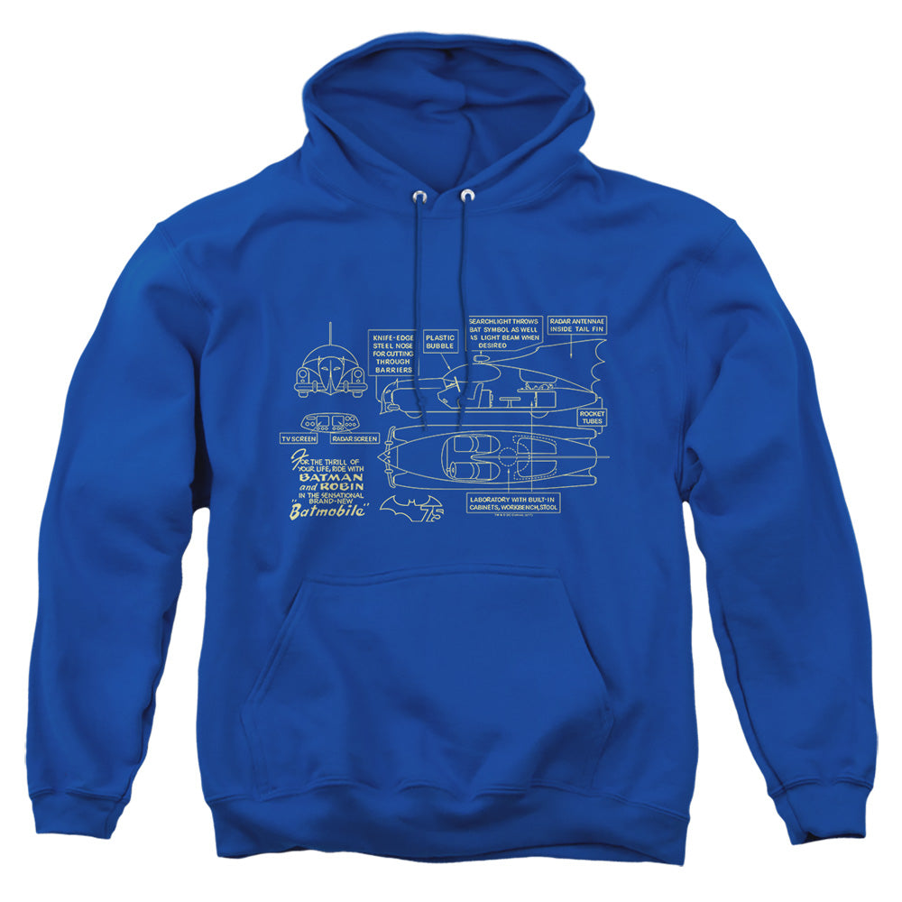AN OFFCIALLY LICENSED BATMAN BATMOBILE ADULT UNISEX PULLOVER HOODIE ROYAL