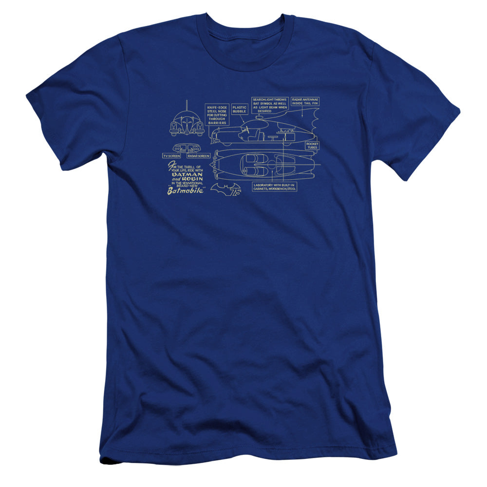 AN OFFCIALLY LICENSED BATMAN BATMOBILE MEN'S PREMIUM SLIM FIT T-SHIRT ROYAL
