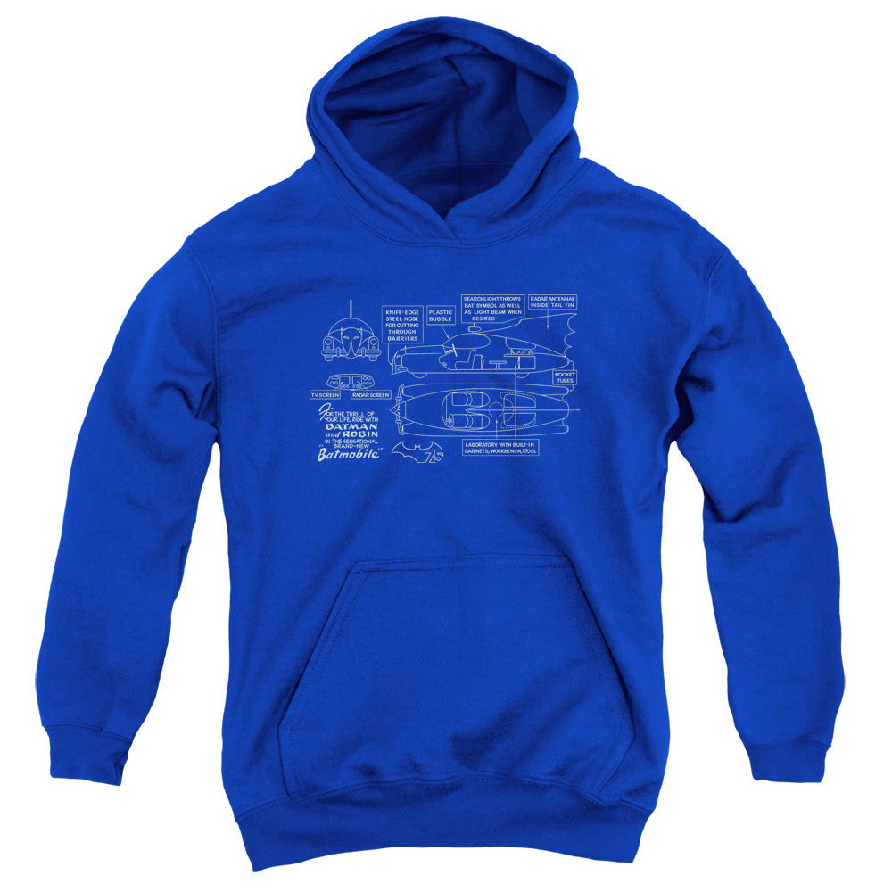 AN OFFCIALLY LICENSED BATMAN BATMOBILE YOUTH HOODIE ROYAL