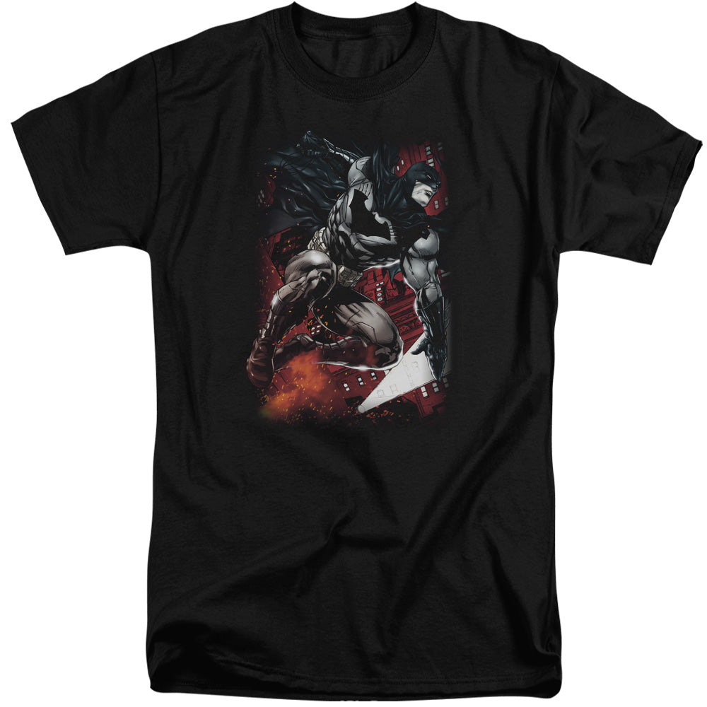 AN OFFCIALLY LICENSED BATMAN SPARKS LEAP MEN'S TALL FIT T-SHIRT BLACK