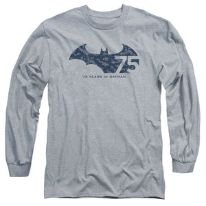 AN OFFCIALLY LICENSED BATMAN 75 YEAR COLLAGE MEN'S LONG SLEEVE T-SHIRT ATHLETIC HEATHER