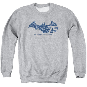 AN OFFCIALLY LICENSED BATMAN 75 YEAR COLLAGE ADULT UNISEX CREWNECK SWEATSHIRT ATHLETIC HEATHER