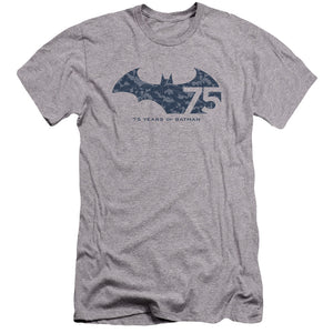 AN OFFCIALLY LICENSED BATMAN 75 YEAR COLLAGE MEN'S PREMIUM SLIM FIT T-SHIRT ATHLETIC HEATHER
