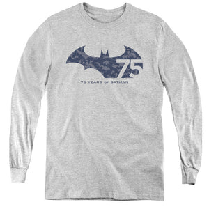 AN OFFCIALLY LICENSED BATMAN 75 YEAR COLLAGE YOUTH LONG SLEEVE T-SHIRT ATHLETIC HEATHER